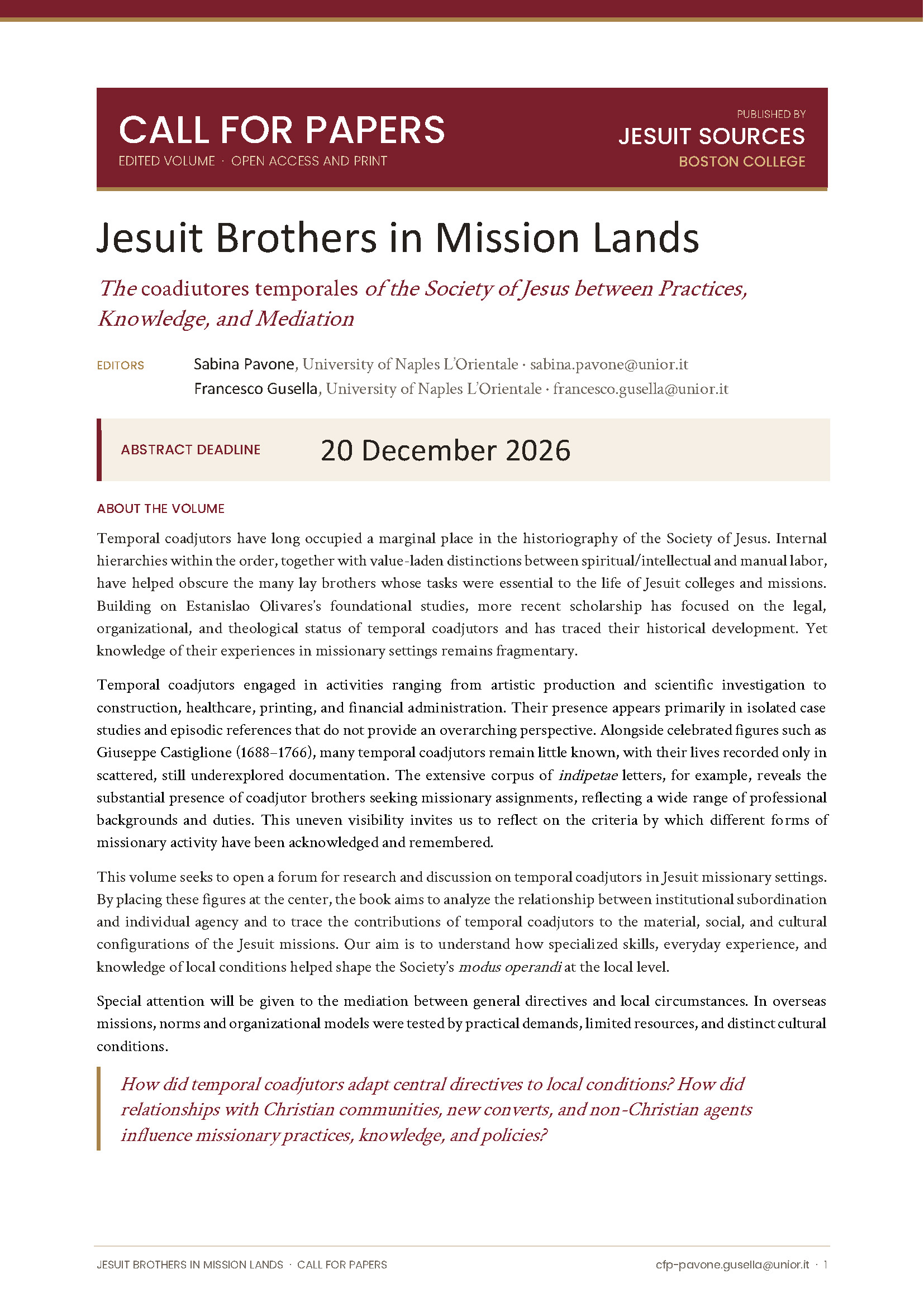 Cover Image of the call for paper: Jesuit Brothers in mission lands
